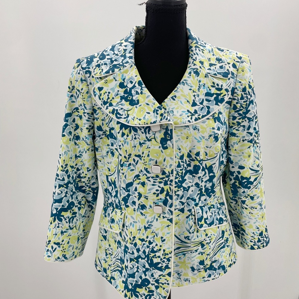 Alex Marie Petite Floral‎ Blazer Jacket Blue Green White Piping Size 12P